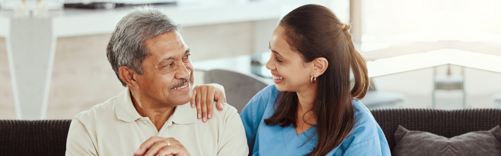 healthcare and senior patient with medical support from caregiver, aid or hospice for health, wellness and healthy communication in retirement